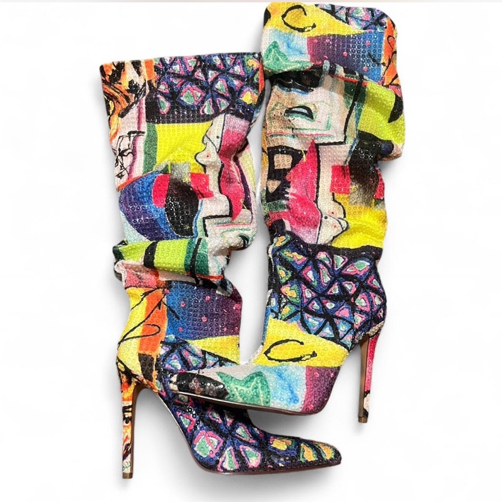 Multicolor Graphic Print Stiletto Knee-High Boots